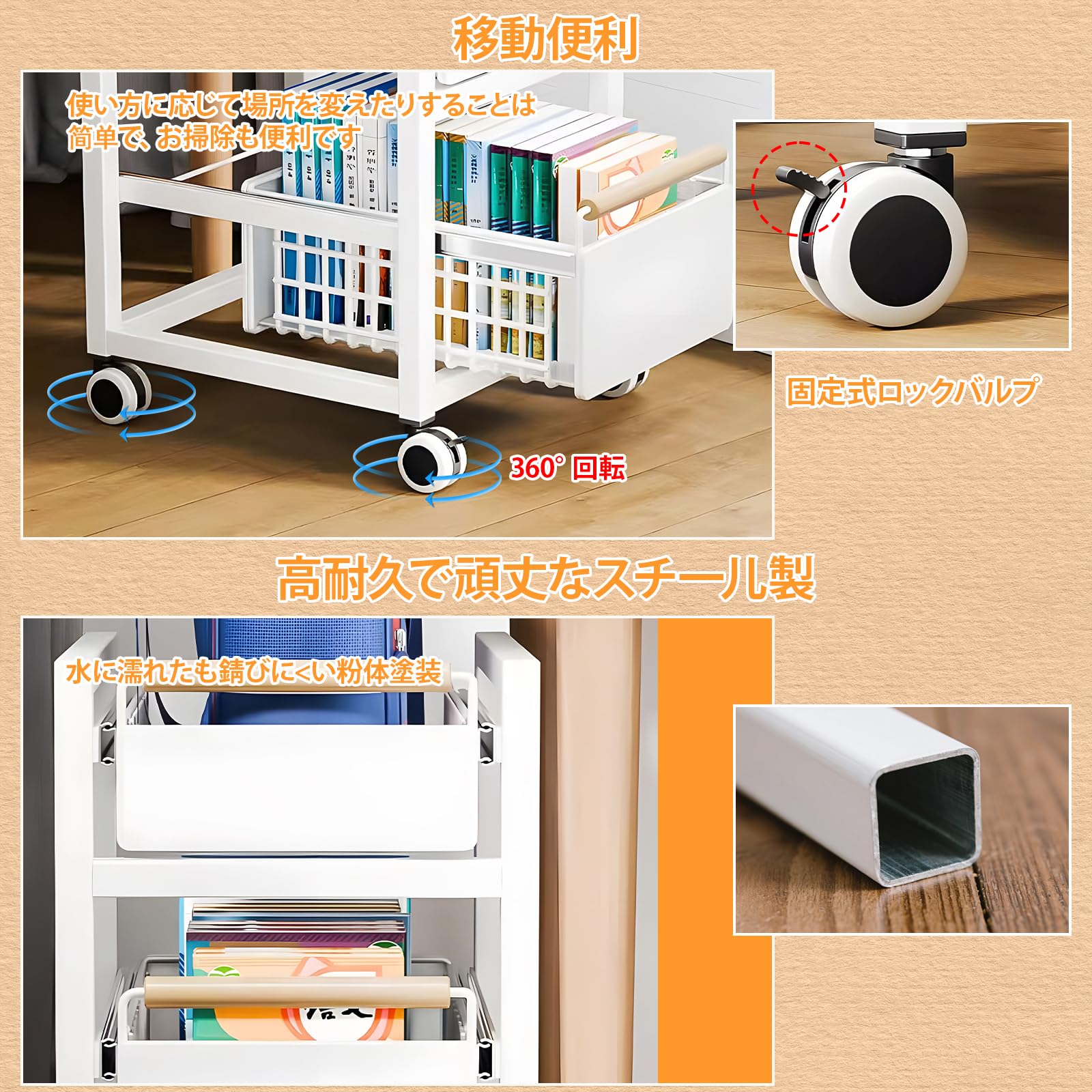 Amazon.co.jp: ワゴン 収納 2段 スライド式 キャスター付き ストッパー